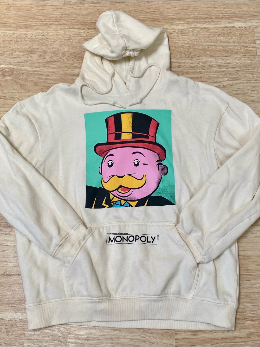 Monopoly Hoodie Mens Large Ivory Mr. Monopoly Graphic Pullover Fleece Back Print